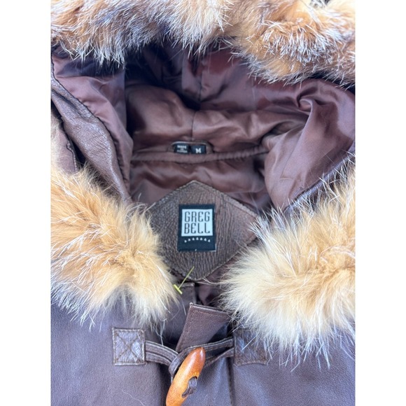 Greg Bell Men's Brown Leather Fur Hooded Duffle Coat Parka Size M - Picture 5 of 10